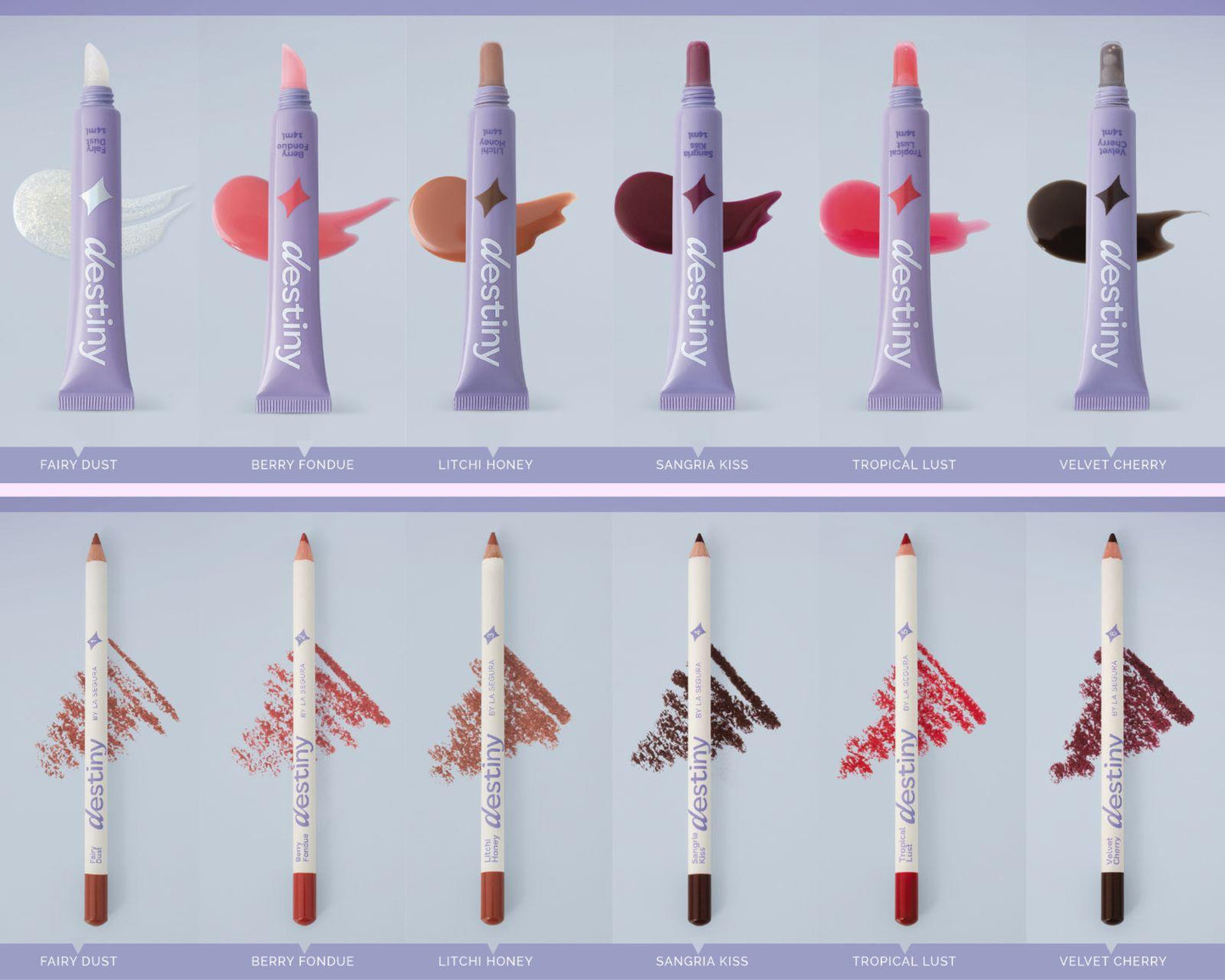 Brillo Labial y Delineador de Labios Destiny por La Segura – colección completa de 6 tonos: Fairy Dust, Berry Fondue, Litchi Honey, Sangria Kiss, Tropical Lust y Velvet Cherry. 