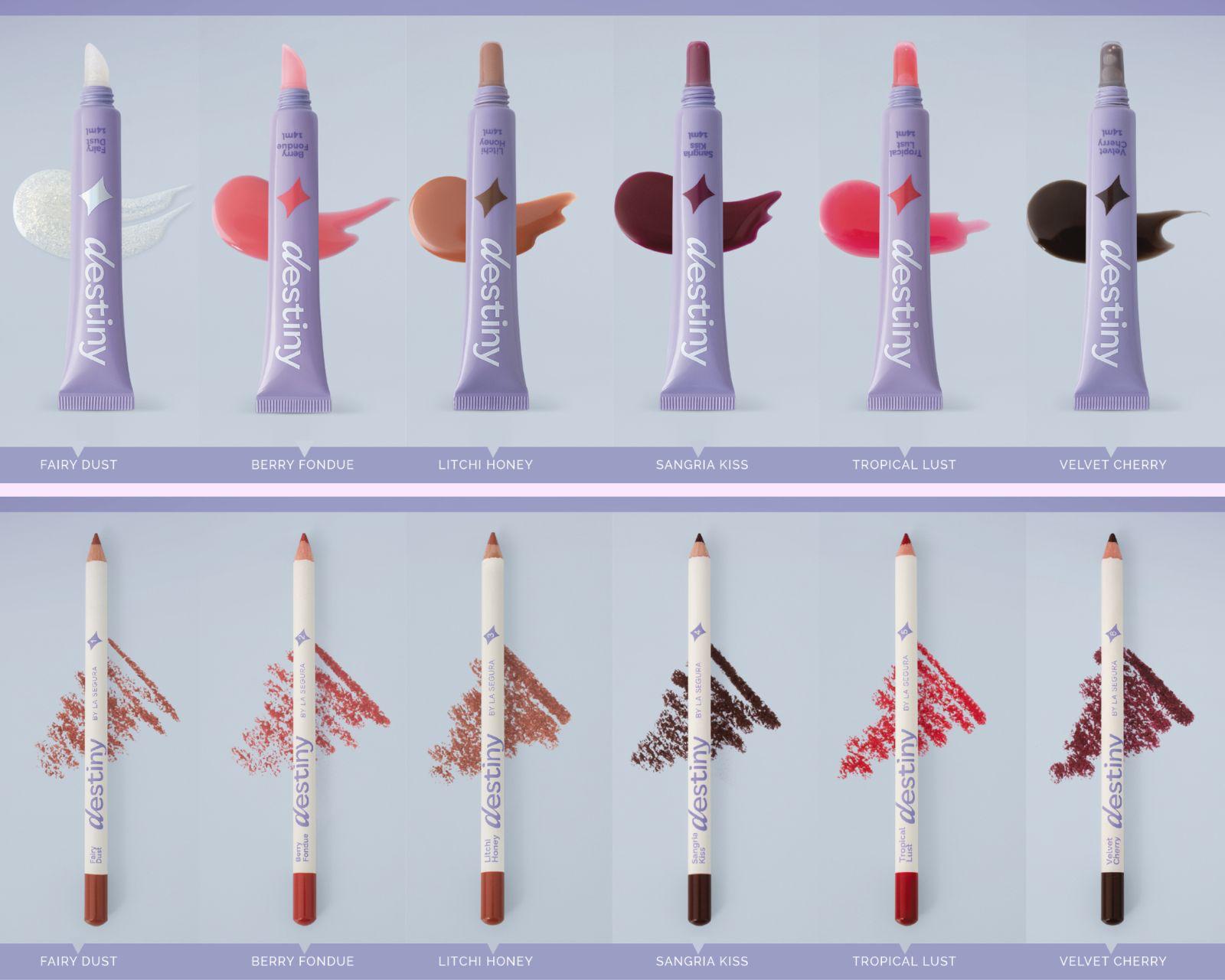 Brillo Labial y Delineador de Labios Destiny por La Segura – colección completa de 6 tonos: Fairy Dust, Berry Fondue, Litchi Honey, Sangria Kiss, Tropical Lust y Velvet Cherry. 