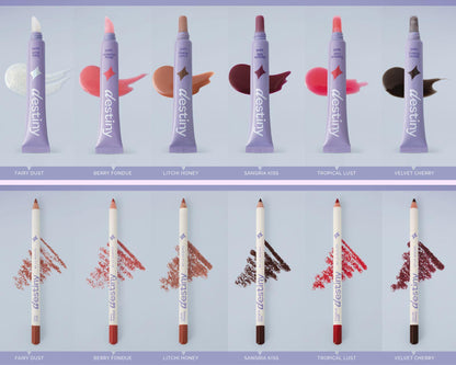 Brillo Labial y Delineador de Labios Destiny por La Segura – colección completa de 6 tonos: Fairy Dust, Berry Fondue, Litchi Honey, Sangria Kiss, Tropical Lust y Velvet Cherry. 